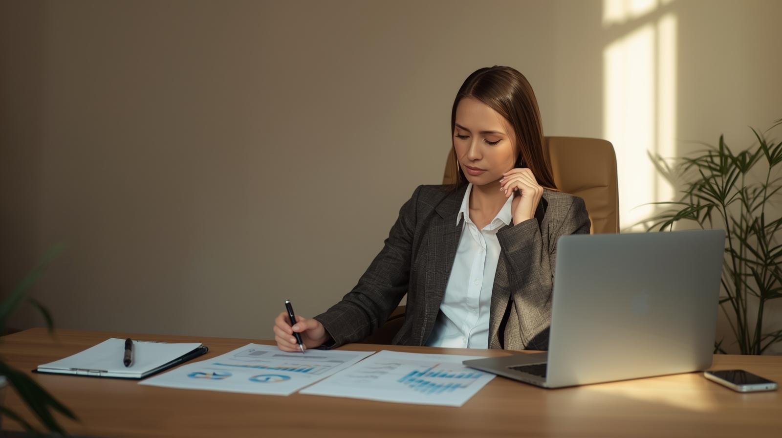Businesswoman reviewing financial reports with a relaxed posture