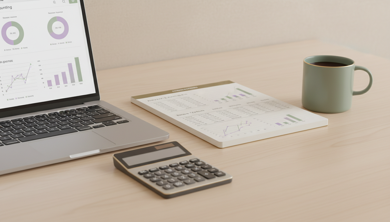 Laptop displaying charts and graphs on a wooden desk